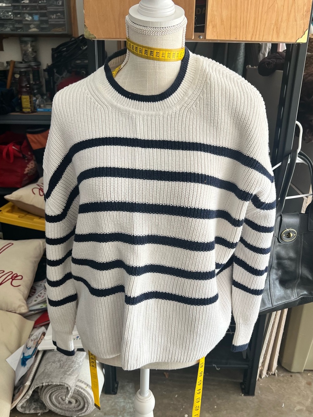 Banana Republic White Crewneck Sweater with Navy Stripes